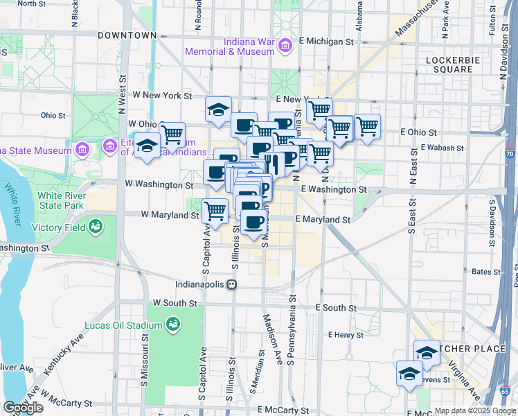 map of restaurants, bars, coffee shops, grocery stores, and more near 49 West Maryland Street in Indianapolis