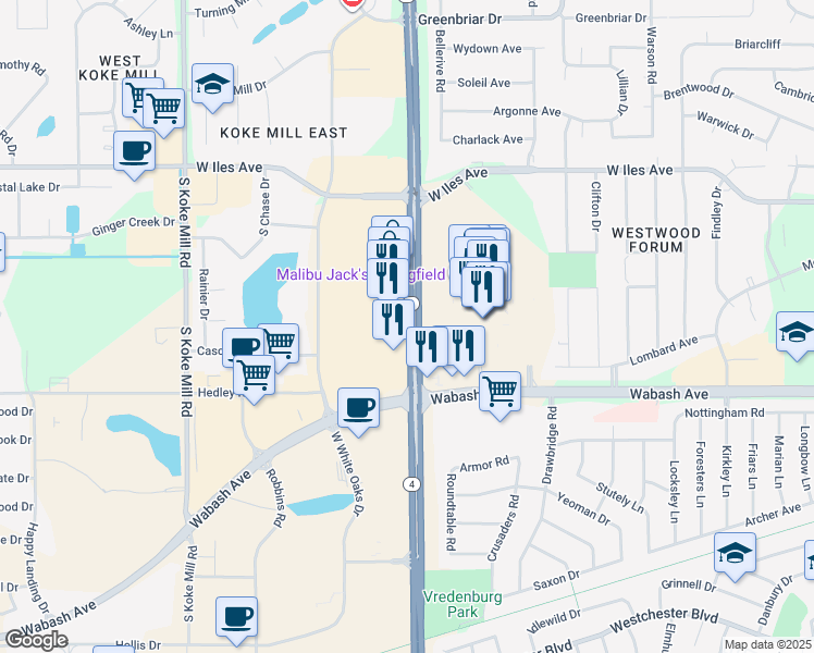 map of restaurants, bars, coffee shops, grocery stores, and more near 2901 South Veterans Parkway in Springfield