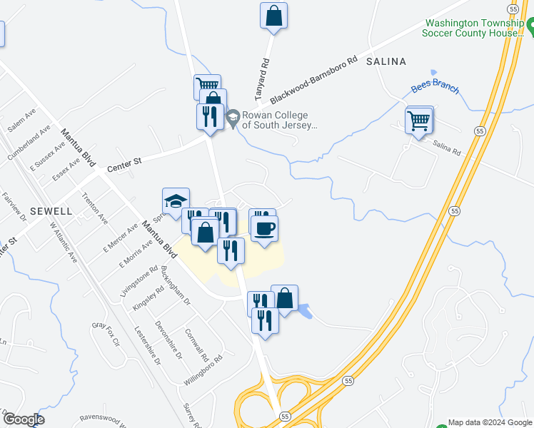 map of restaurants, bars, coffee shops, grocery stores, and more near 51 Arbour Lane in Mantua Township