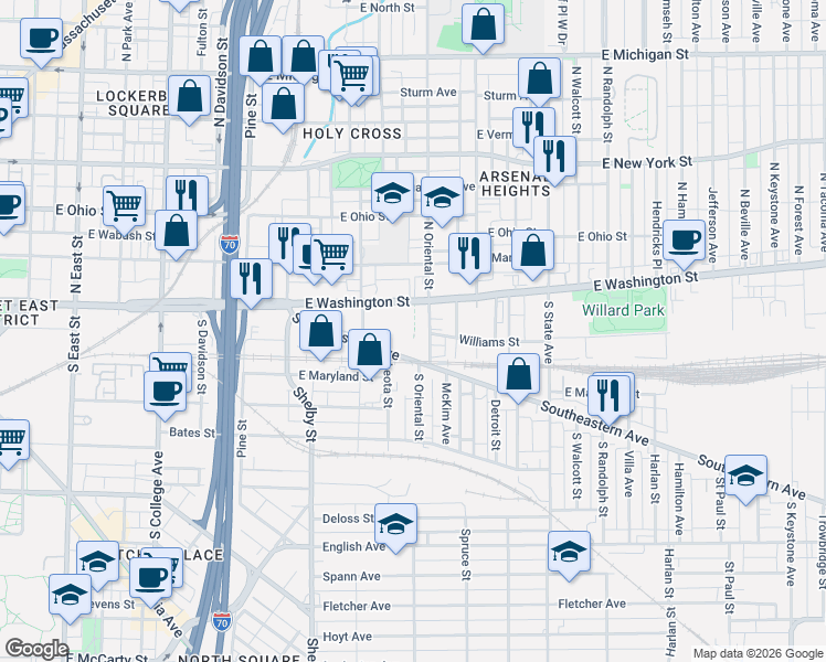 map of restaurants, bars, coffee shops, grocery stores, and more near 1301 East Washington Street in Indianapolis