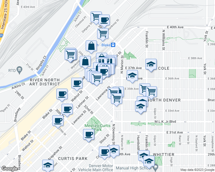 map of restaurants, bars, coffee shops, grocery stores, and more near 1220 35th Street in Denver
