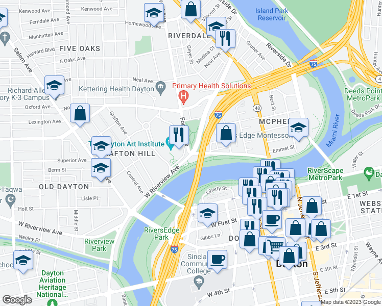 map of restaurants, bars, coffee shops, grocery stores, and more near 204 West Riverview Avenue in Dayton