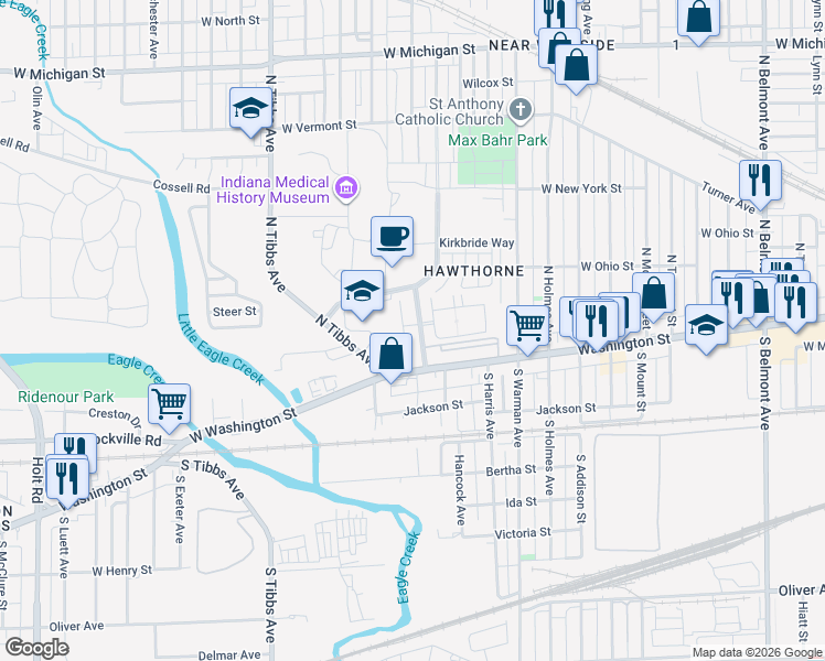 map of restaurants, bars, coffee shops, grocery stores, and more near 52 Central Greens Boulevard in Indianapolis