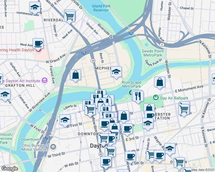 map of restaurants, bars, coffee shops, grocery stores, and more near 45 Emmet Street in Dayton