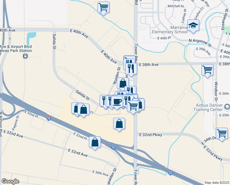 map of restaurants, bars, coffee shops, grocery stores, and more near 3500 Walden Circle in Aurora