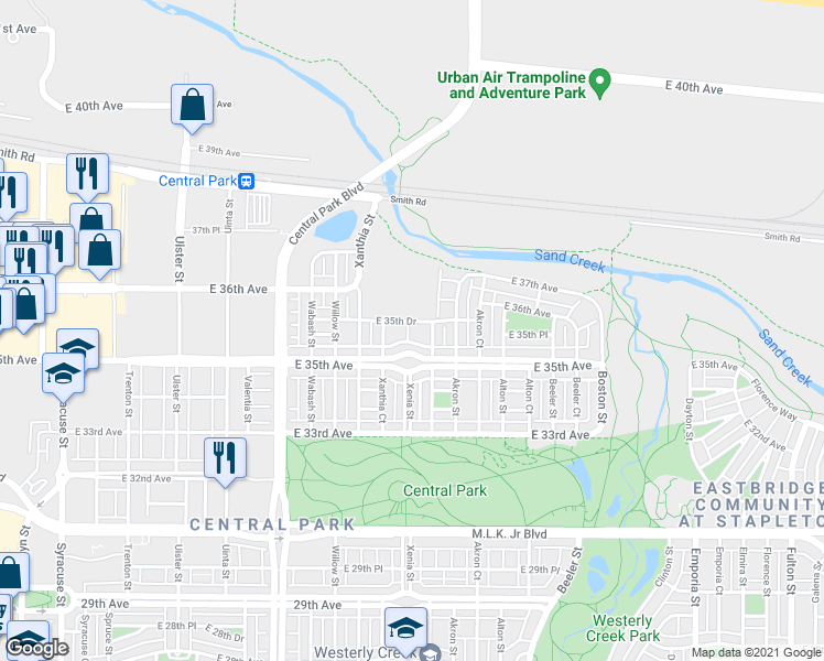 map of restaurants, bars, coffee shops, grocery stores, and more near 8901 East 35th Avenue in Denver