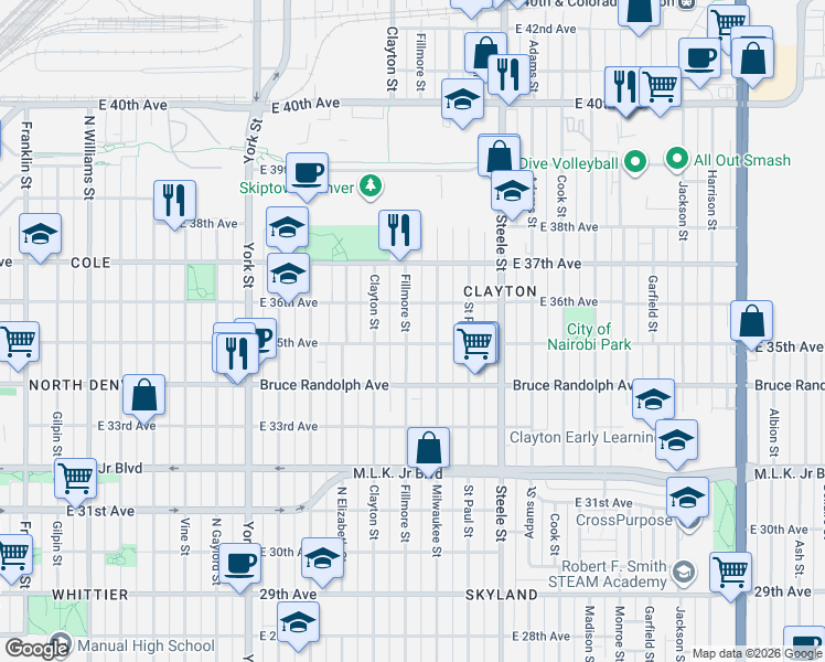 map of restaurants, bars, coffee shops, grocery stores, and more near 3536 Fillmore Street in Denver
