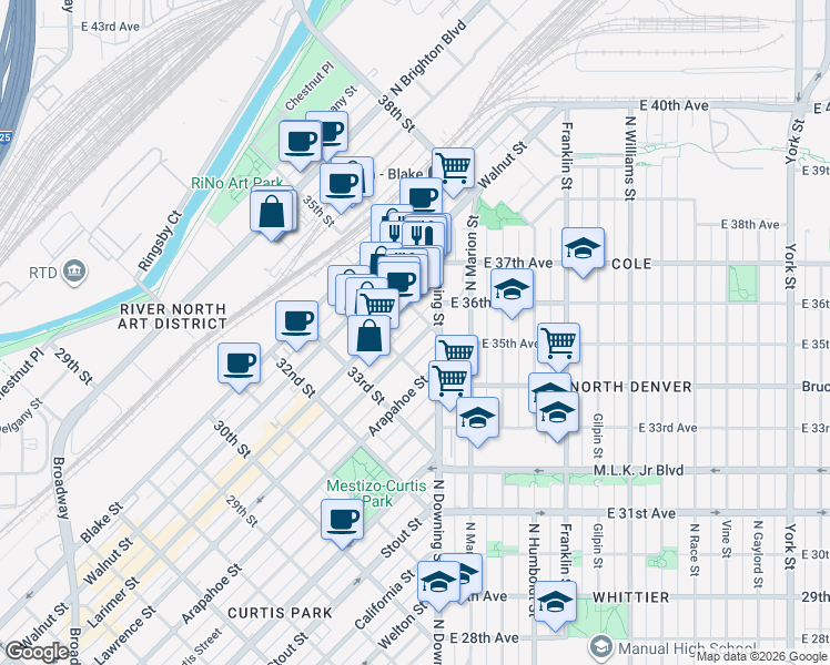 map of restaurants, bars, coffee shops, grocery stores, and more near 1220 35th Street in Denver