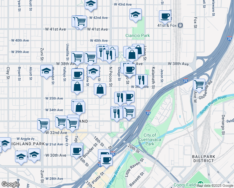 map of restaurants, bars, coffee shops, grocery stores, and more near 3540 North Pecos Street in Denver
