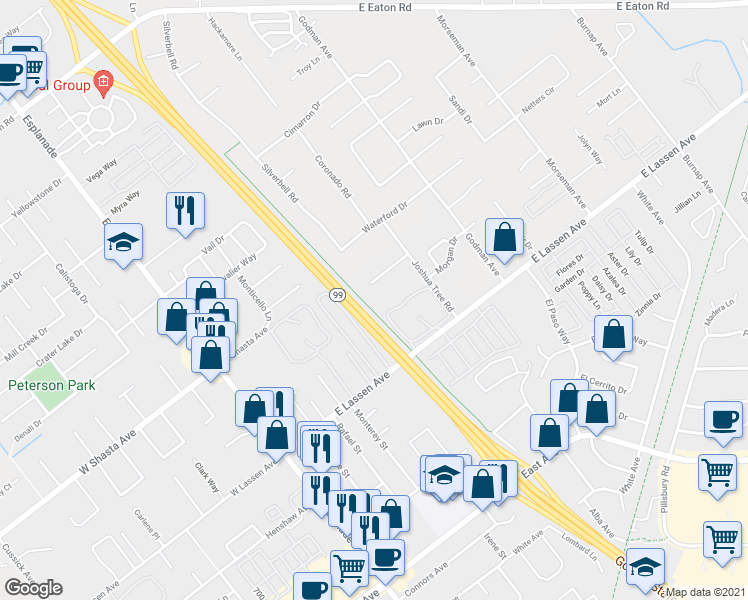 map of restaurants, bars, coffee shops, grocery stores, and more near 463 Posada Way in Chico