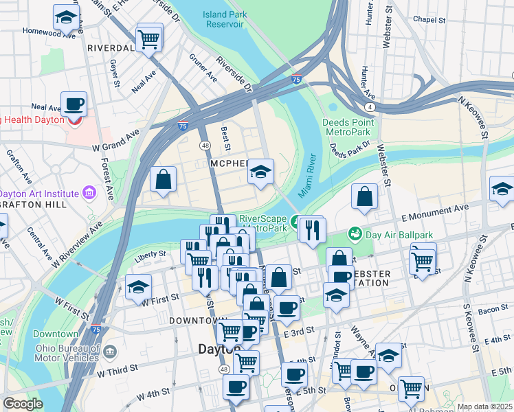 map of restaurants, bars, coffee shops, grocery stores, and more near 45 Emmet Street in Dayton