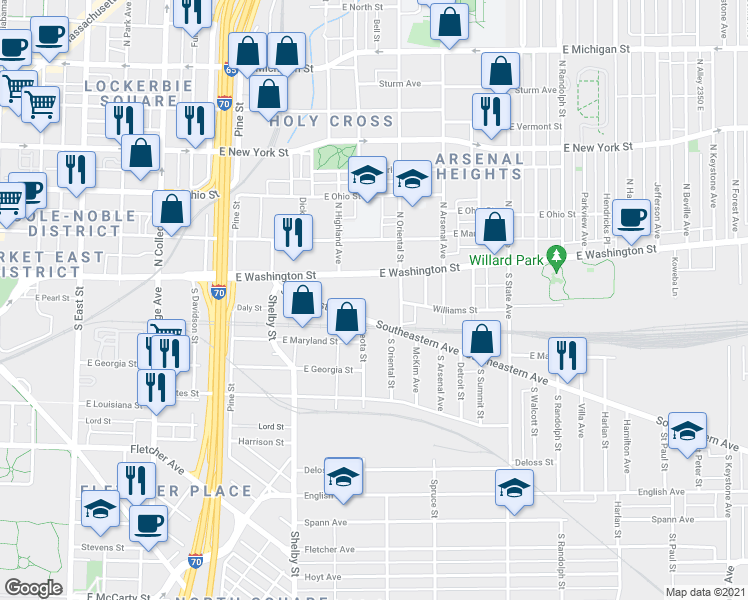 map of restaurants, bars, coffee shops, grocery stores, and more near 1301 East Washington Street in Indianapolis