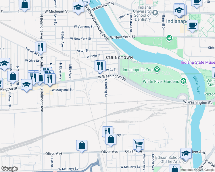 map of restaurants, bars, coffee shops, grocery stores, and more near 55 North Harding Street in Indianapolis