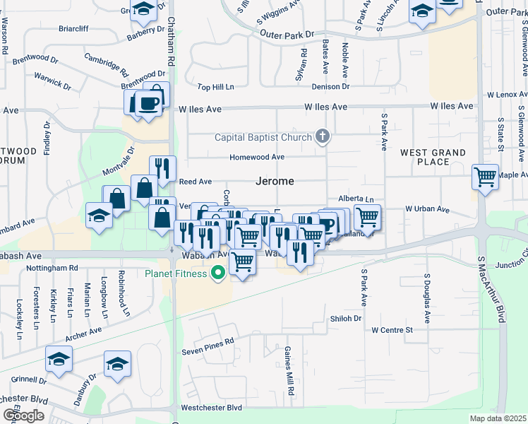 map of restaurants, bars, coffee shops, grocery stores, and more near 1617 Vernon Avenue in Jerome
