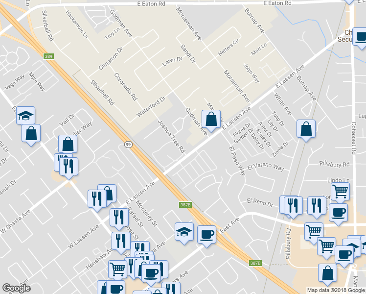 map of restaurants, bars, coffee shops, grocery stores, and more near 560 East Lassen Avenue in Chico
