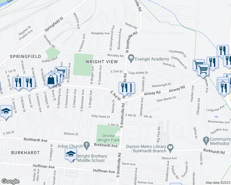 map of restaurants, bars, coffee shops, grocery stores, and more near 4129 East 3rd Street in Dayton