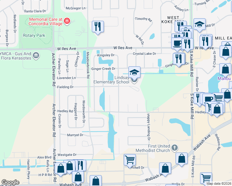 map of restaurants, bars, coffee shops, grocery stores, and more near 2704 Kipling Drive in Springfield