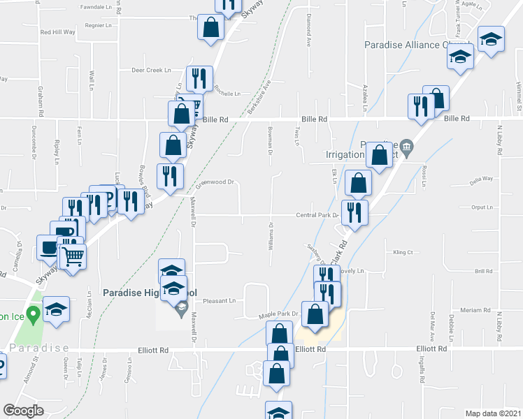 map of restaurants, bars, coffee shops, grocery stores, and more near 911 Central Park Drive in Paradise