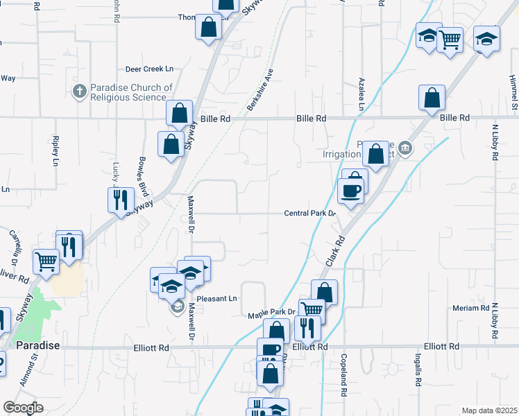 map of restaurants, bars, coffee shops, grocery stores, and more near 911 Central Park Drive in Paradise