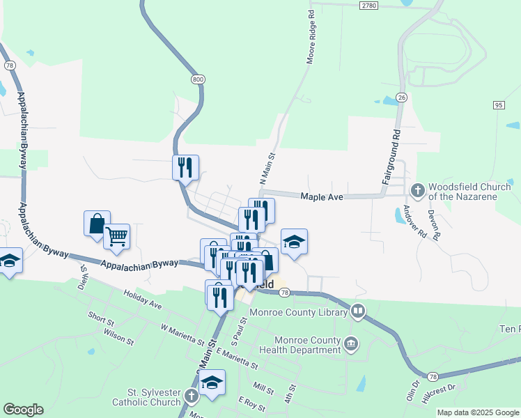 map of restaurants, bars, coffee shops, grocery stores, and more near North Main Street in Woodsfield