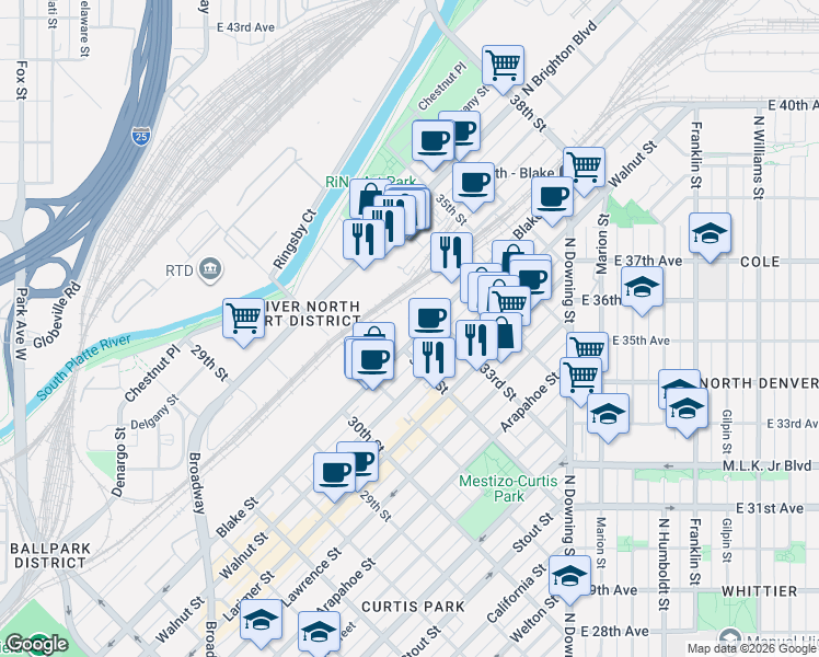 map of restaurants, bars, coffee shops, grocery stores, and more near 3225 Blake Street in Denver