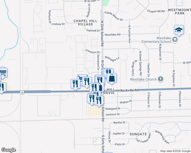map of restaurants, bars, coffee shops, grocery stores, and more near 7325 Rockleigh Avenue in Indianapolis