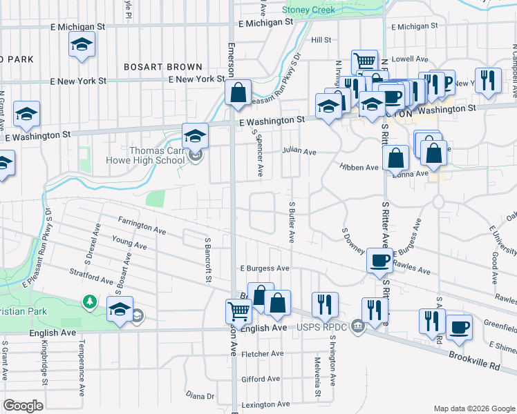 map of restaurants, bars, coffee shops, grocery stores, and more near 5133 Atherton North Drive in Indianapolis