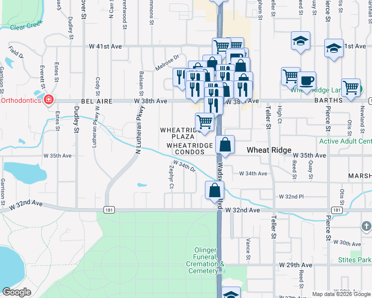map of restaurants, bars, coffee shops, grocery stores, and more near 7801 West 35th Avenue in Wheat Ridge