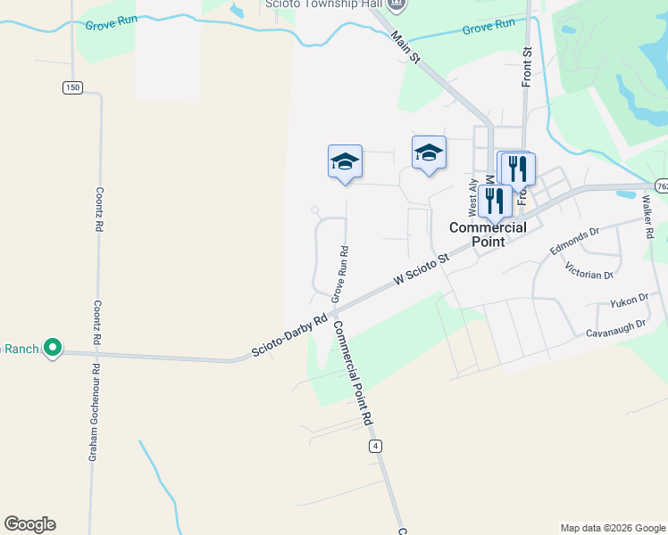 map of restaurants, bars, coffee shops, grocery stores, and more near 116 Grove Run Road in Commercial Point