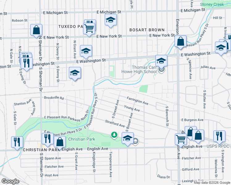 map of restaurants, bars, coffee shops, grocery stores, and more near 4530 Farrington Avenue in Indianapolis