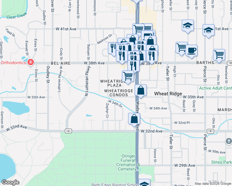map of restaurants, bars, coffee shops, grocery stores, and more near 7801 West 35th Avenue in Wheat Ridge