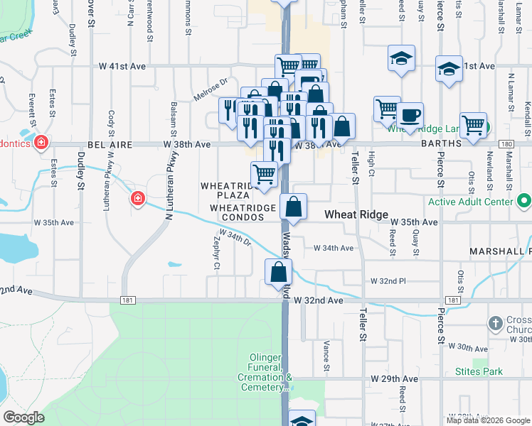 map of restaurants, bars, coffee shops, grocery stores, and more near 3501 Wadsworth Boulevard in Wheat Ridge