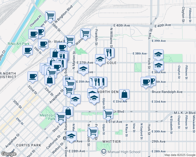 map of restaurants, bars, coffee shops, grocery stores, and more near 3532 Franklin Street in Denver