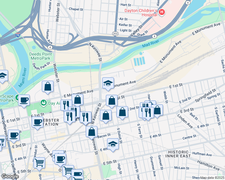 map of restaurants, bars, coffee shops, grocery stores, and more near 140 North Keowee Street in Dayton