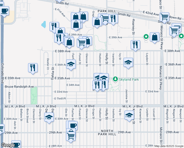map of restaurants, bars, coffee shops, grocery stores, and more near 3545 Grape Street in Denver