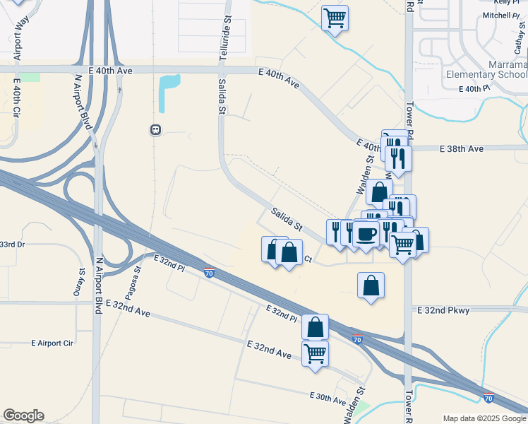 map of restaurants, bars, coffee shops, grocery stores, and more near 5500 North Telluride Street in Aurora