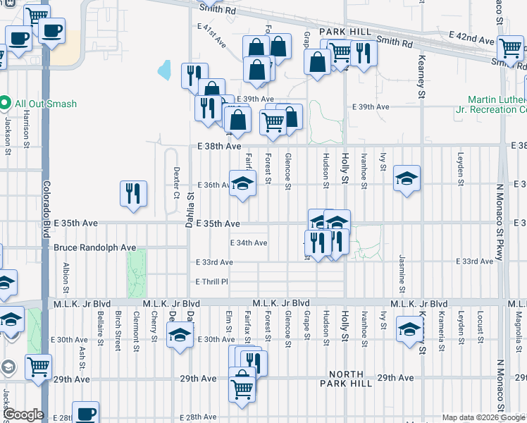 map of restaurants, bars, coffee shops, grocery stores, and more near 3550 Fairfax Street in Denver
