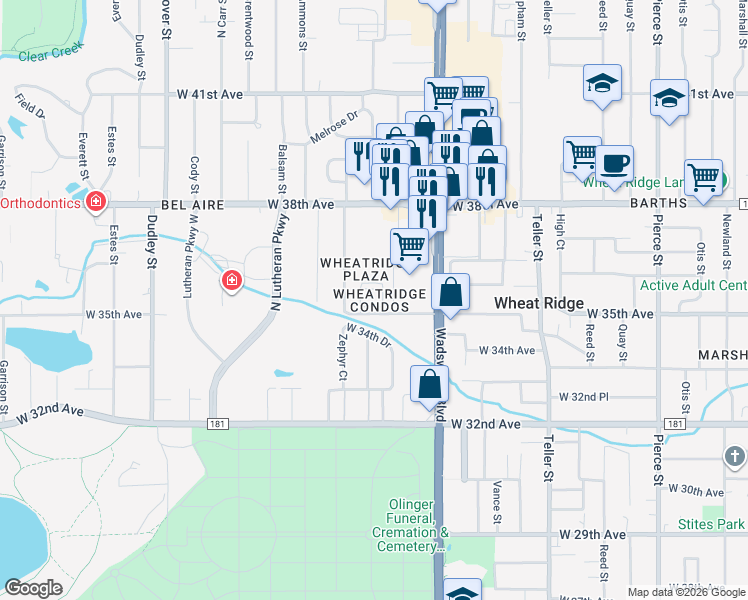 map of restaurants, bars, coffee shops, grocery stores, and more near 7801 West 35th Avenue in Wheat Ridge