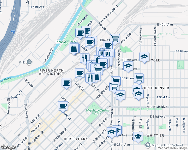 map of restaurants, bars, coffee shops, grocery stores, and more near in Denver