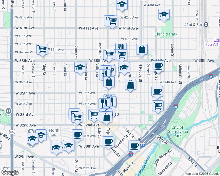 map of restaurants, bars, coffee shops, grocery stores, and more near in Denver