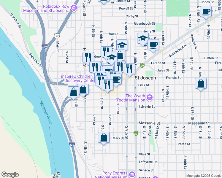 map of restaurants, bars, coffee shops, grocery stores, and more near 115 South 7th Street in Saint Joseph