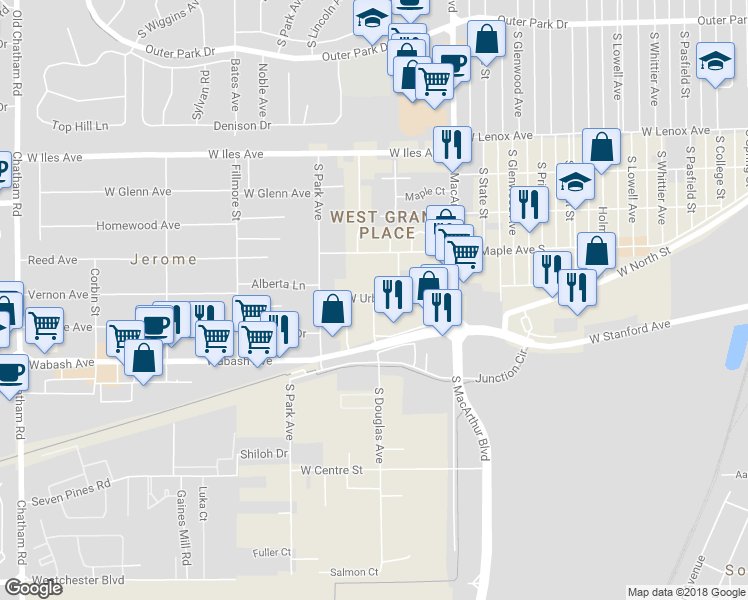 map of restaurants, bars, coffee shops, grocery stores, and more near 3000 South Thayer Avenue in Springfield
