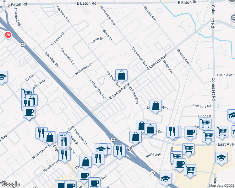 map of restaurants, bars, coffee shops, grocery stores, and more near 567 East Lassen Avenue in Chico