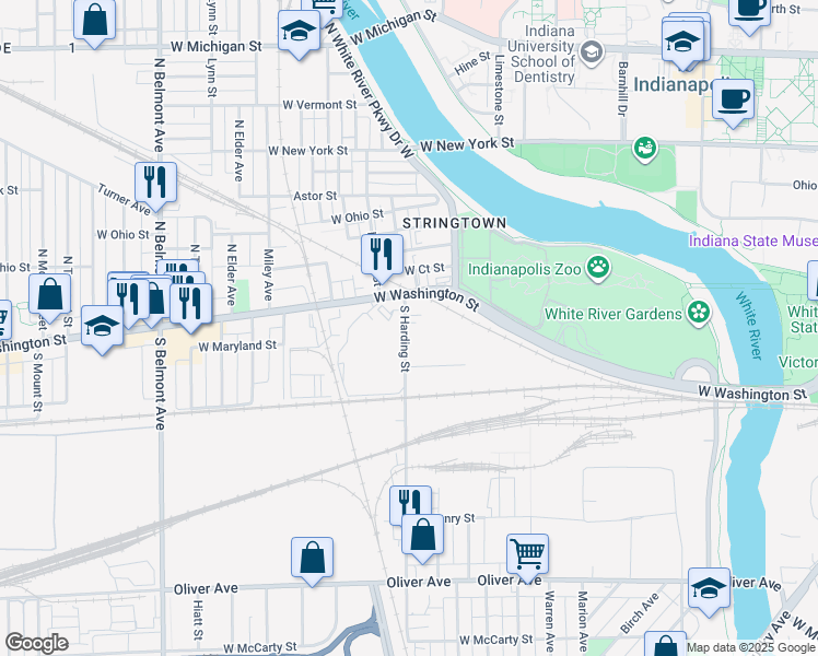 map of restaurants, bars, coffee shops, grocery stores, and more near 55 North Harding Street in Indianapolis
