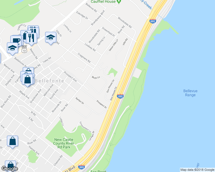map of restaurants, bars, coffee shops, grocery stores, and more near 1031 Governor House Circle in Wilmington
