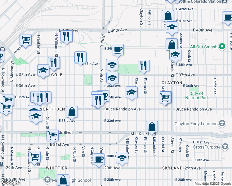 map of restaurants, bars, coffee shops, grocery stores, and more near 3520 Josephine Street in Denver