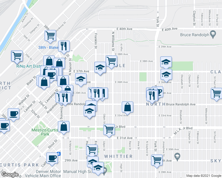 map of restaurants, bars, coffee shops, grocery stores, and more near 3536 North Williams Street in Denver