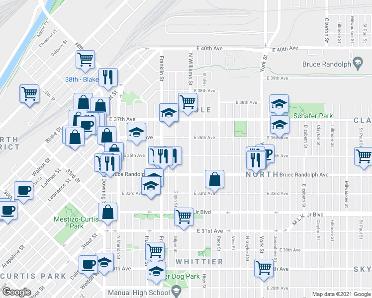 map of restaurants, bars, coffee shops, grocery stores, and more near 3542 Gilpin Street in Denver