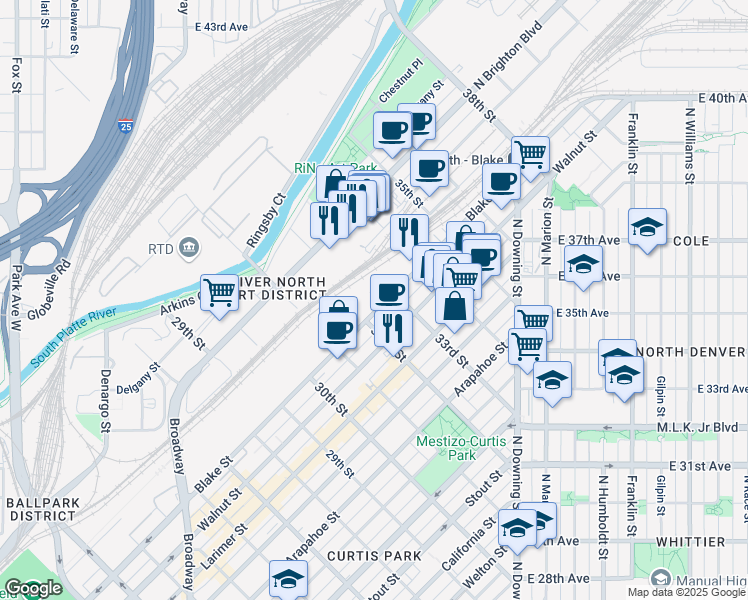 map of restaurants, bars, coffee shops, grocery stores, and more near 3295 Blake Street in Denver