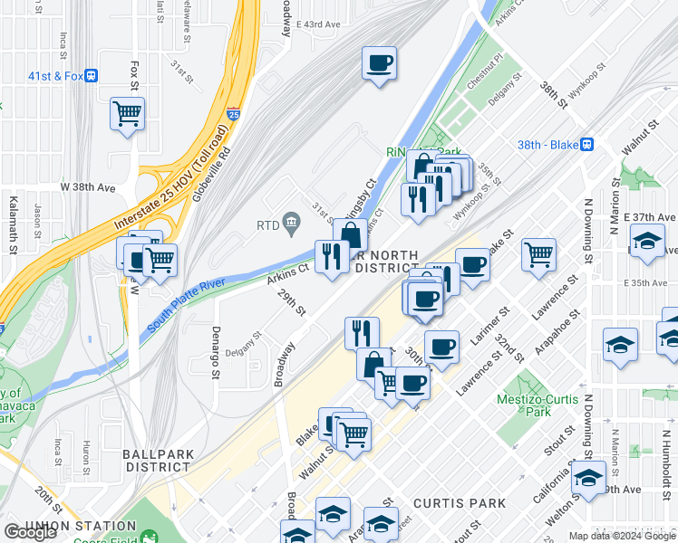 map of restaurants, bars, coffee shops, grocery stores, and more near 3063 Brighton Boulevard in Denver